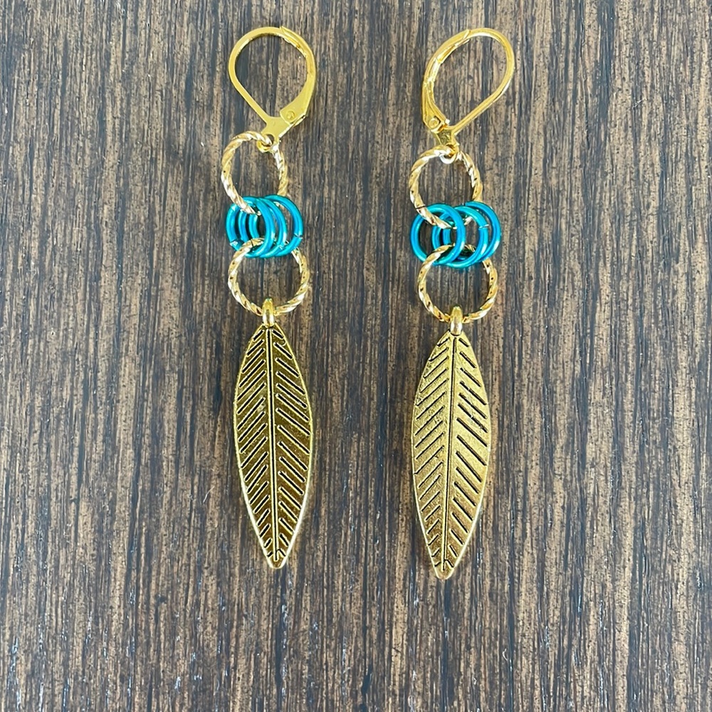 HAND CRAFTED EARRINGS Statement Gold Plated Leaves Metallic Turquoise Rings